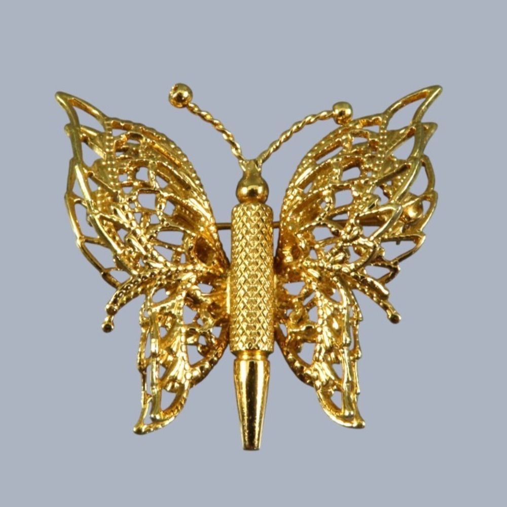 Vintage MONET BROOCH PIN Gold Tone BUTTERFLY Double Wings 3D FIGURAL LACE WORK